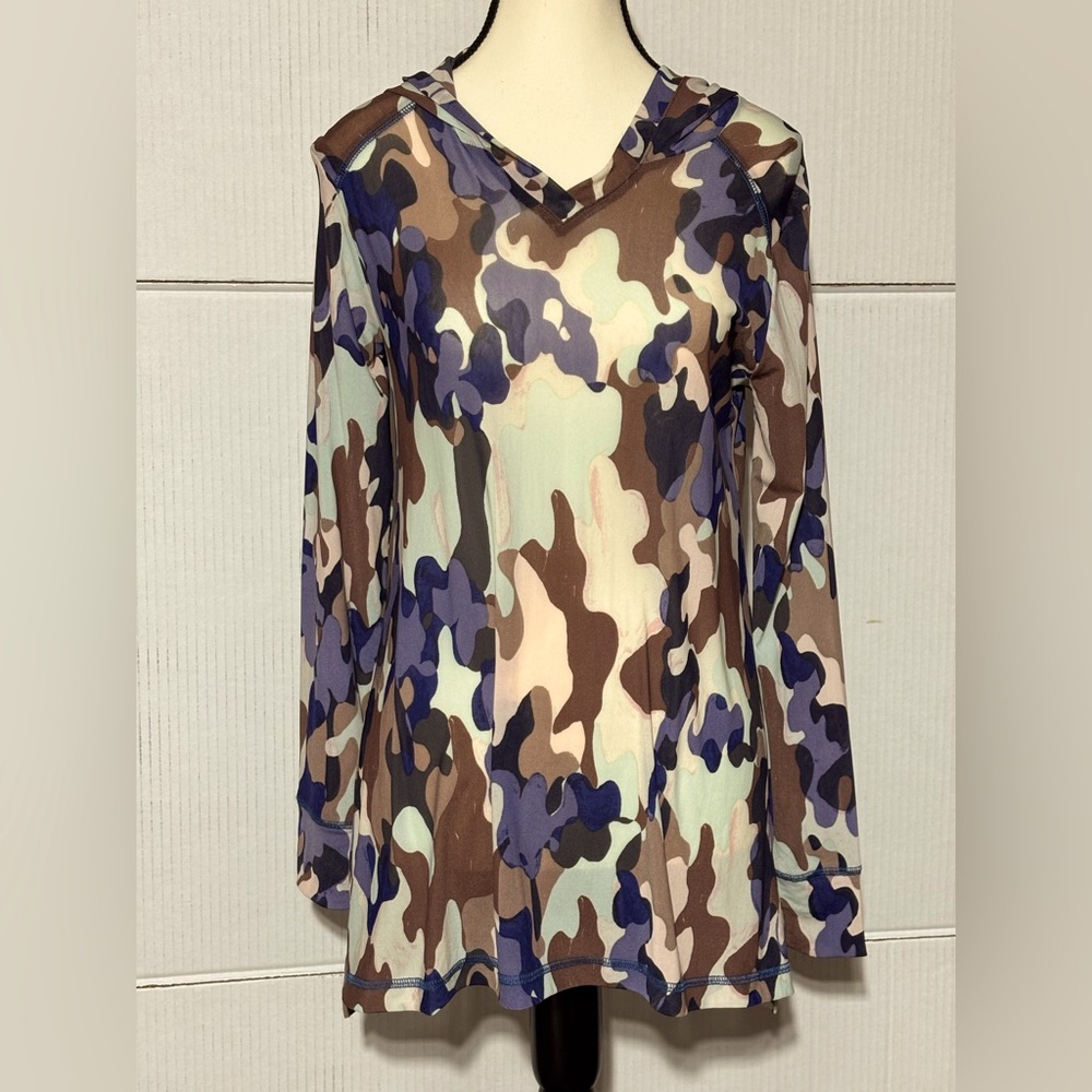 LOGO Lounge XS Camouflage sheer mesh Long Sleeve hooded Women's Top Semi fitted
